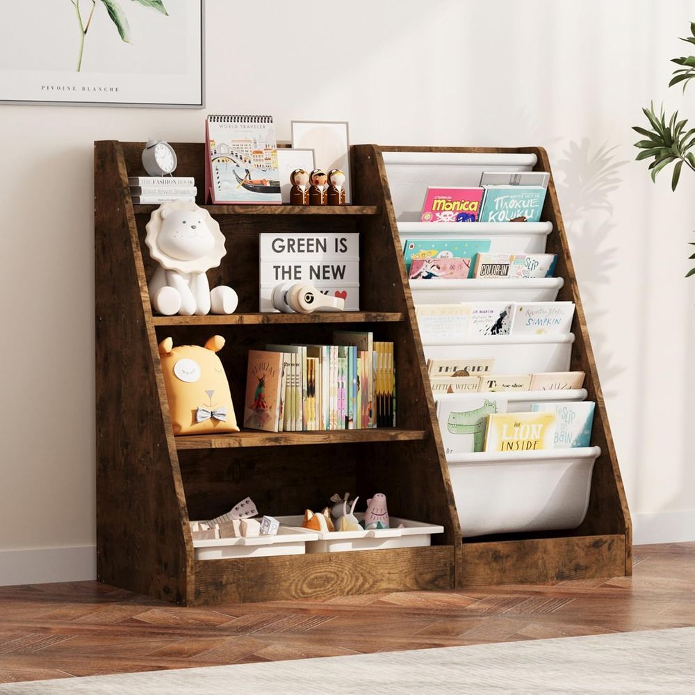 Storage - 4-Tier Wooden Toddler Bookshelf with 5